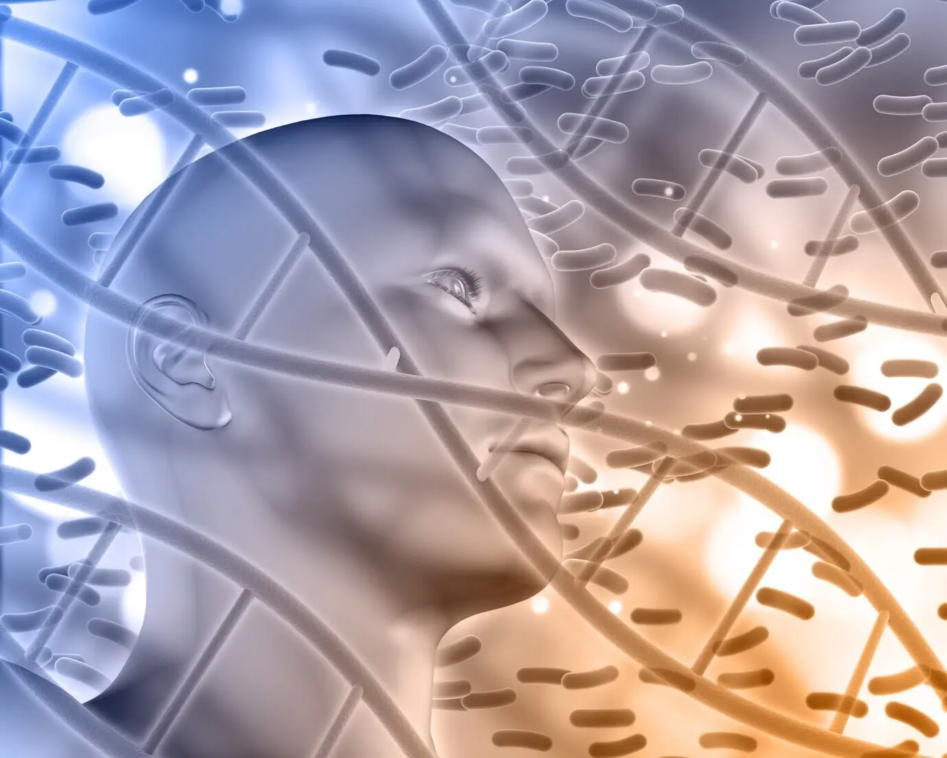 Белая голова с ДНК и органеллами клетки.